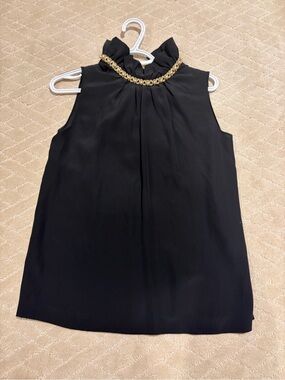 MOSCHINO Black Sleeveless Ruffled Neck Top with Gold Trim